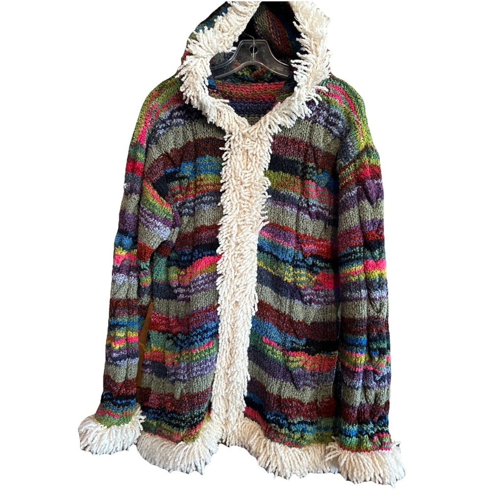 Hand Knitted Hooded Sweater Colorful Fringed Pockets Artist Made Heavy Knit